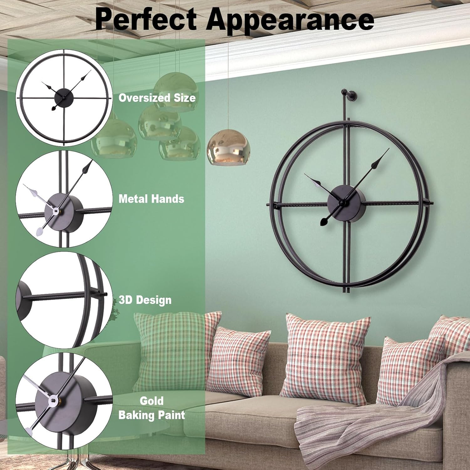 20 inch black modern wall clock decoative for living room,large silent metal wall clock battery operated for kitchen,large non-ticking wall clock for bedroom,3d minimalism wall clock for farmhouse black 20"