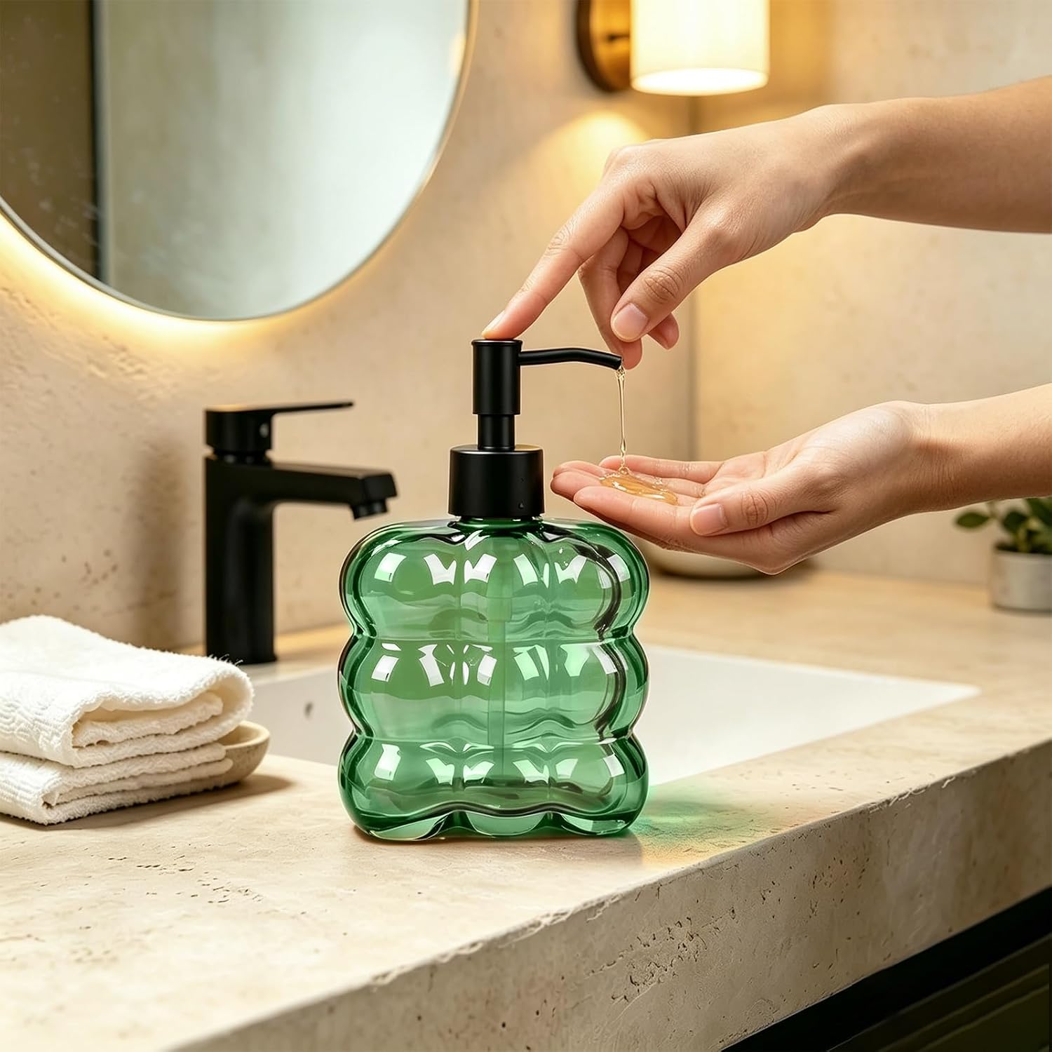 Green Square Bubble Glass Soap Dispenser with Black Plastic Pump