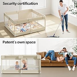 Fodoss Baby Playpen with Mat, Small Baby Play Pen(47x47inch), Playpen for Babies and Toddler (4747inch Beige with mat)