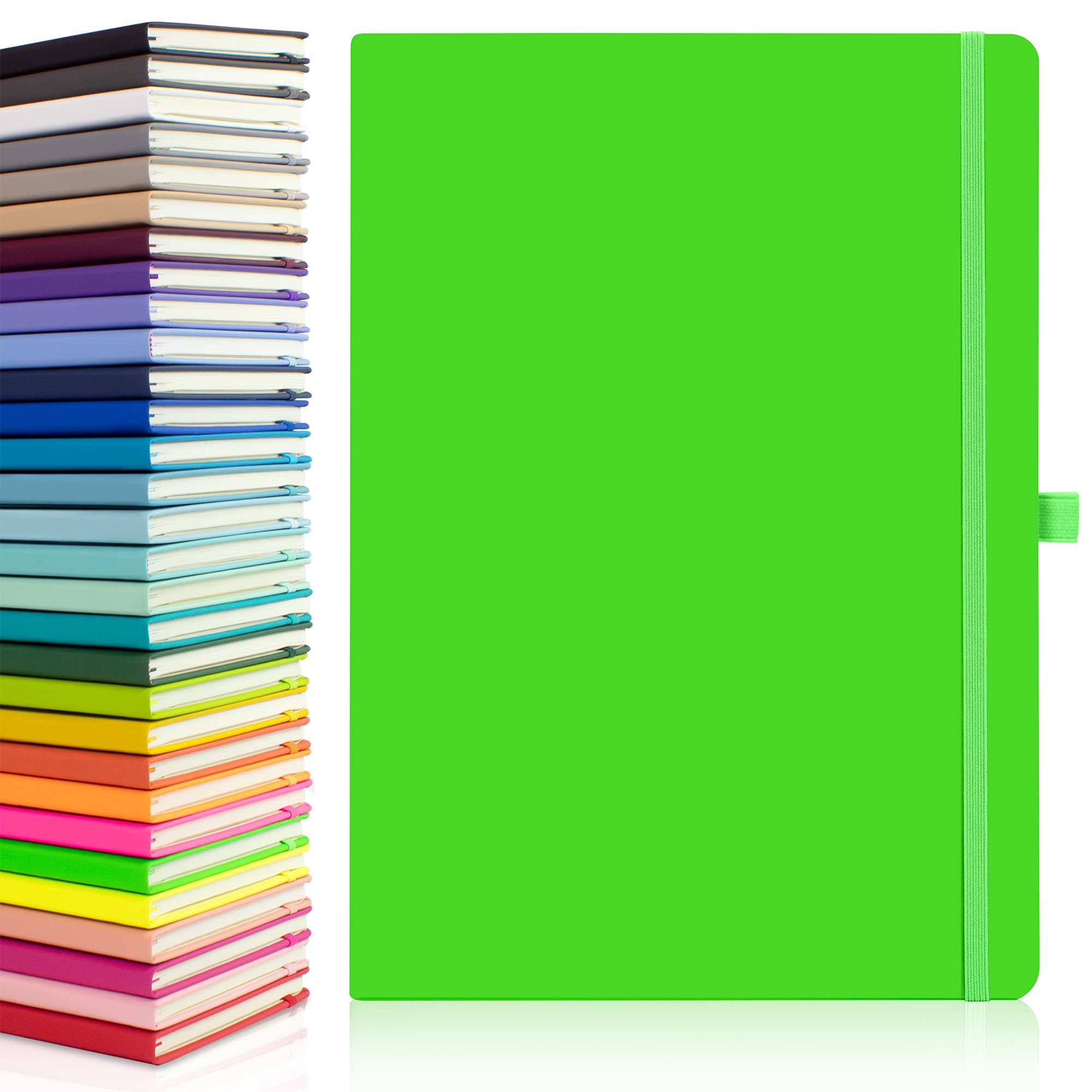 20 x Bulk Pack of Notes London Eco A4 Notebook with Lined Pages, Pen Loop, Ribbon, Date Marks and Paper Pocket, Medium Hardback Journal, Note, Fluorescent, sustainably sourced Paper (Neon Green) โ image 1