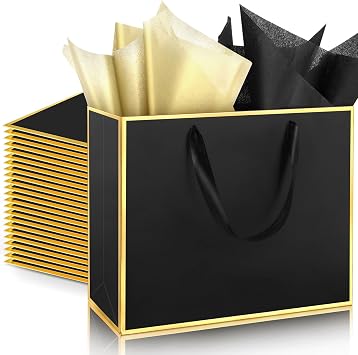 ReliThick 24 Pack Paper Gift Bag with Handles & Tissue, Black Gold