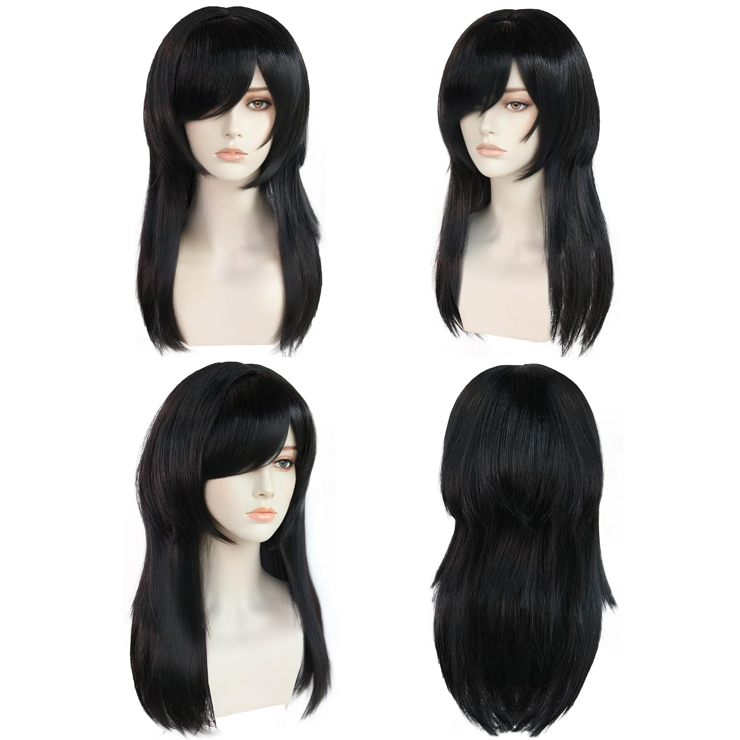 ANOGOL Hair Cap+ 8 PCS Set Emo Costume Women Long Black Wig Scene Wig 2000S Themed Party Outfits Pop Punk Party Goth Costume for Halloween Party (3 Fake Piercings, 1 Pair of Fishnet Gloves, 1 Choker)