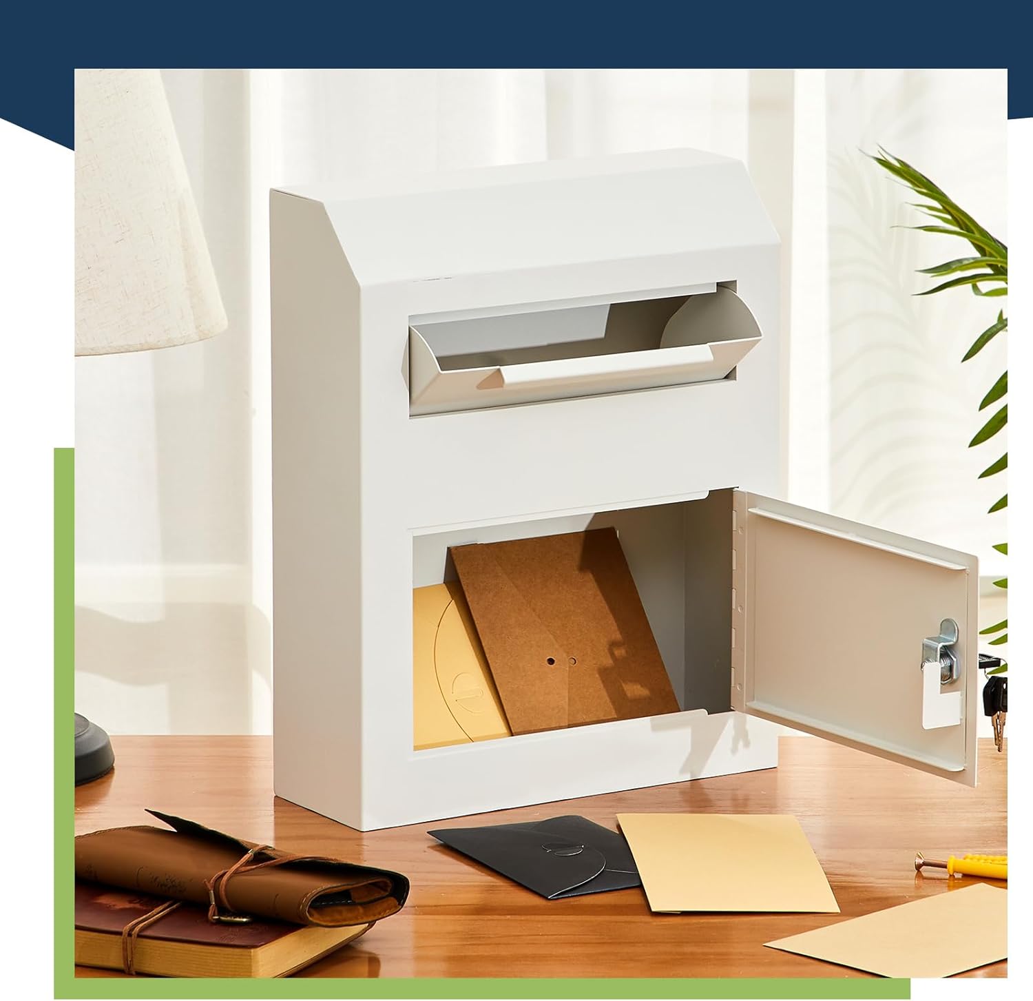 Key Lock Mailboxes for Outside Locking Wall Mount Mailbox Security Key Drop Collection Boxes for Home Business Rent Payments, Mail, Keys, Cash, Checks 15 x 12 x 4 Inches(White)