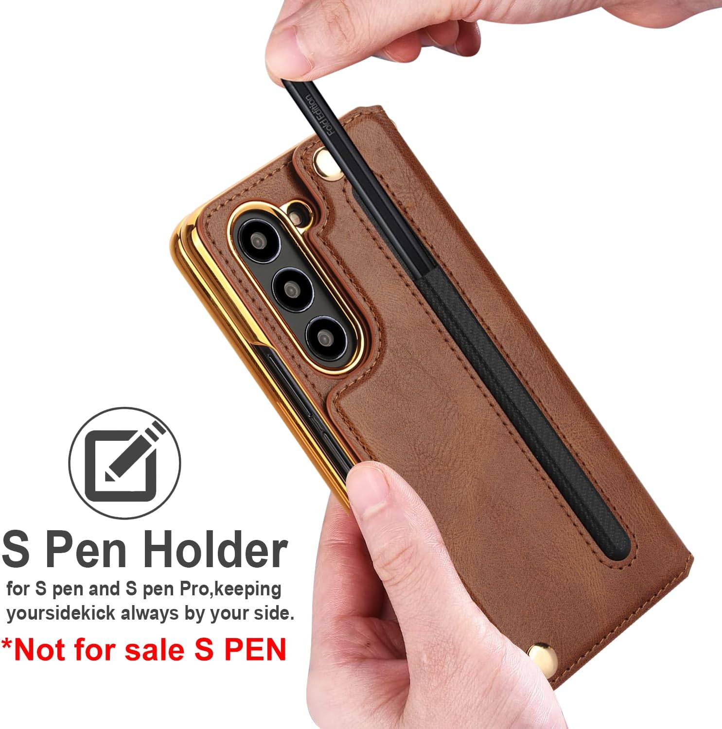 for Samsung Galaxy Z Fold 6 Wallet Case with S-Pen Holder and Credit Card Holder, Built-in Front Screen Flim Protector,Luxurious Leather Magnetic Clasp Kickstand.(Brown)
