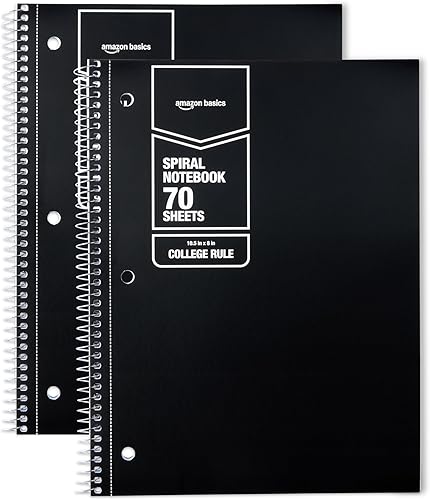 Amazon Basics Cuaderno de espiral con rayas universitarias, 70 hojas, 7-1/2" x 10-1/2", negro, paquete de 2