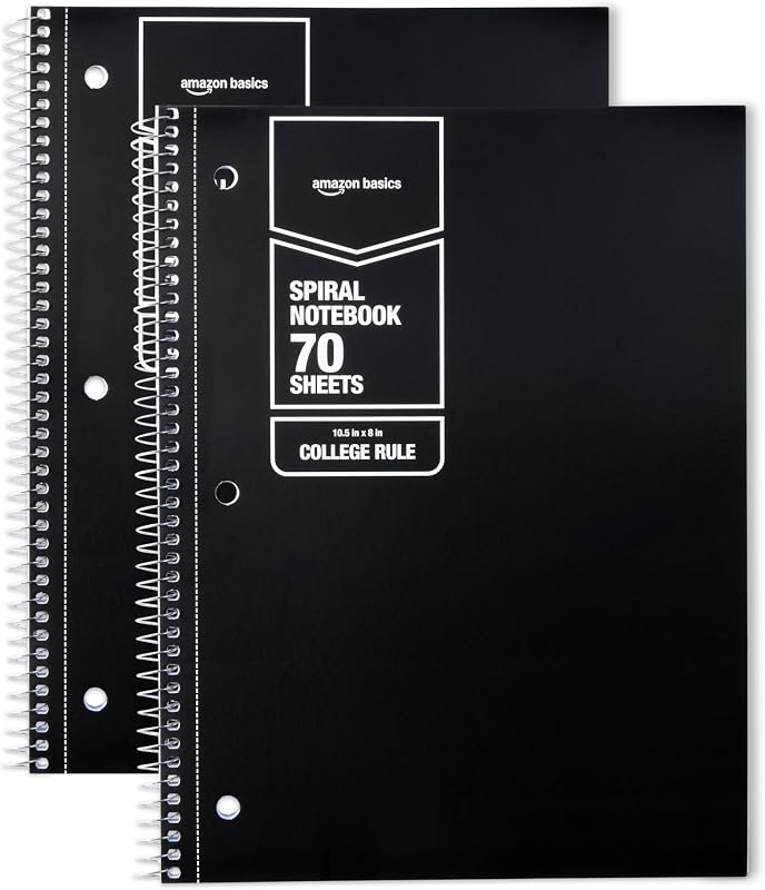 Cuaderno en espiral con rayas universitarias, para el trabajo y la escuela, 70 hojas, 8" x 10,5", negro, paquete de 2