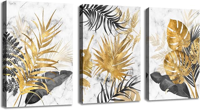 FajerminArt 3 Pieces Modern Canvas Wall Art Marble Tropical Grey Gold Leaves Pictures Printed Art Painting for Living Room Bedroom Office, Ready To Hang, Stretched On Frame, 30x40cmx3 Pcs