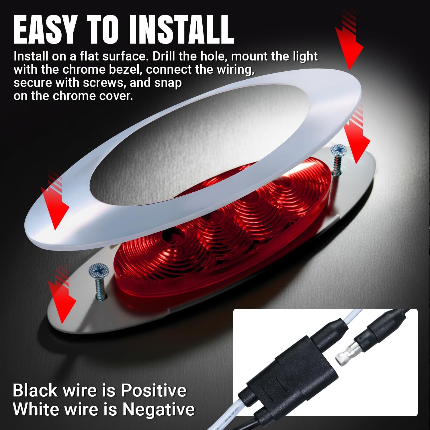 TMH 6-5/8 Oval Red 4LED Side Marker Clearance Lights with Connector Plug Turn Signal Compatible with Peter-bilt Ken-worth Freightli-ner, 12V DC (10 Pcs)