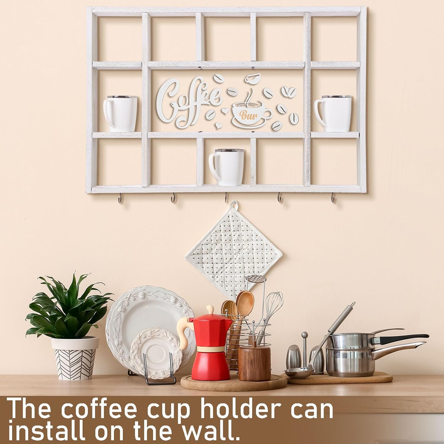 Cinnvoice Oversize Coffee Mug Display Shelf for Wall Wood Coffee Mug Rack Wall Mounted Shelf Cubes Cup Hooks Hanger with Bar Sign Decor for Kitchen Station Bar Accessories(Old White)