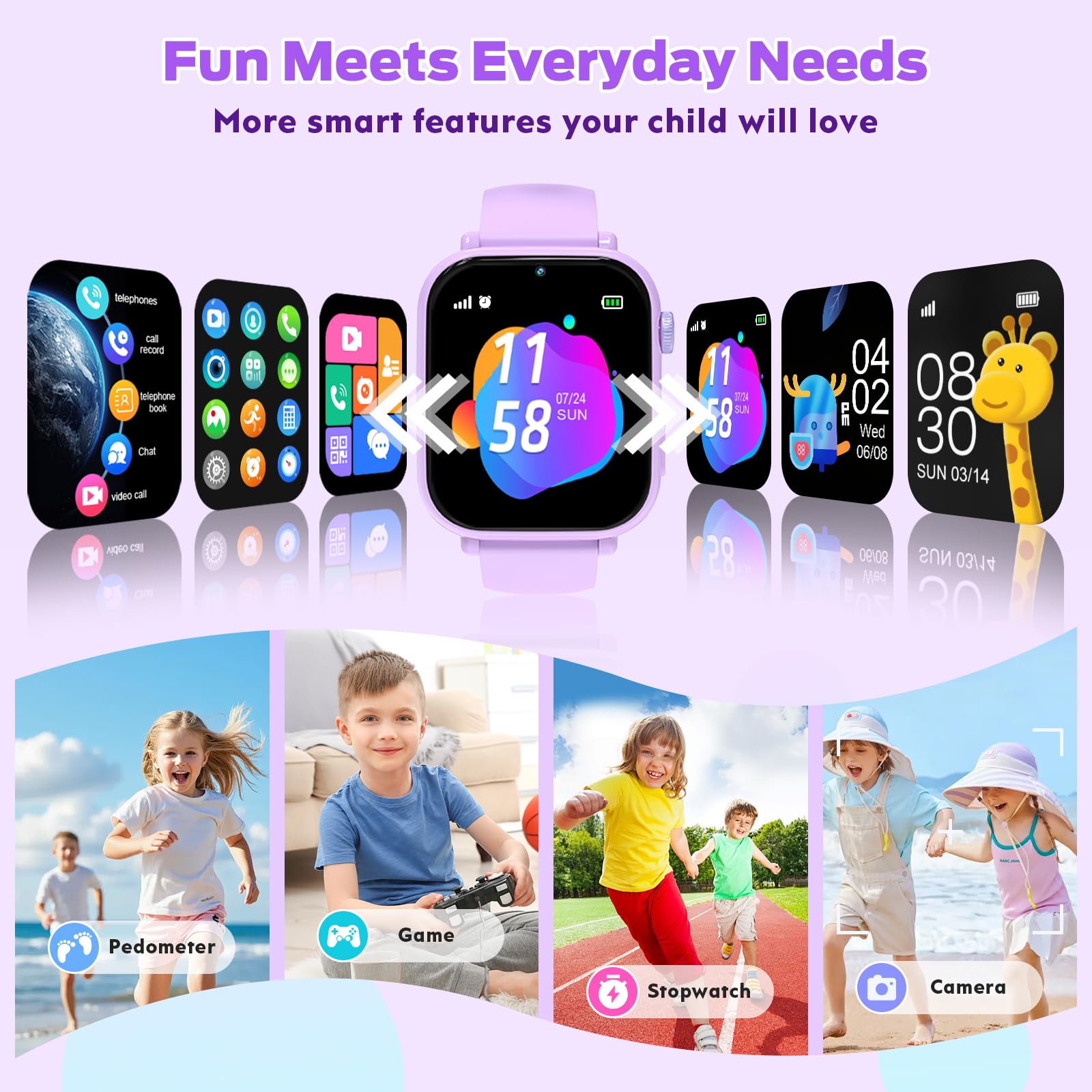 4G Reloj Inteligente Niño, Smartwatch Niños con GPS y Teléfono/Videollamadas/Chat de Voz/WiFi, SOS, Modo Escuela, Despertador, Podómetro Relojes Teléfono Regalos para Infantil 4-12, Lila Claro