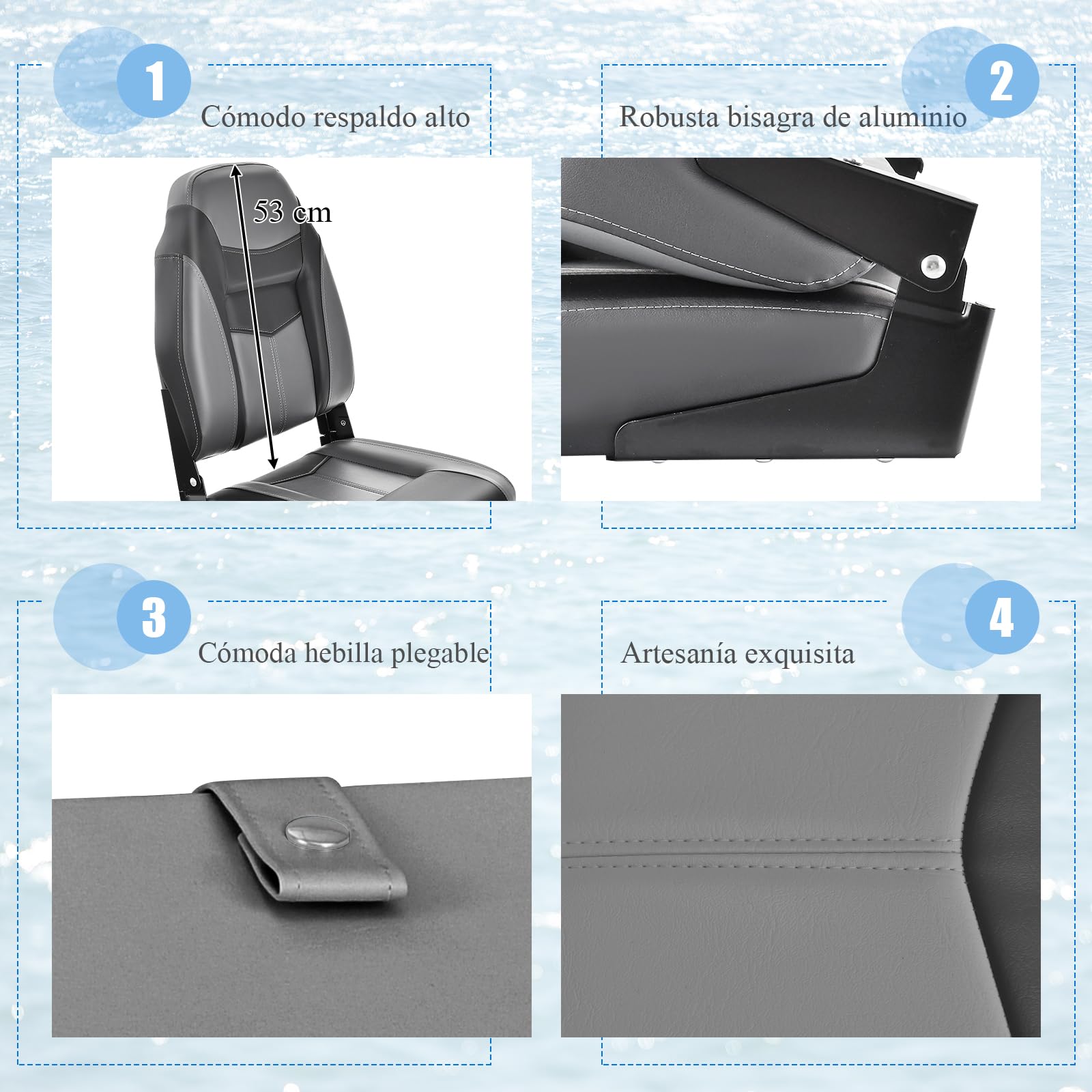 GOPLUS Juego de 2 Asientos de Barco 1PC Asiento de Pesca Plegable con Cojín Acolchado Suave y Costuras Reforzadas, Diseño Ergonómico 115KG de Capacidad para la Pesca en Yate (Negro)