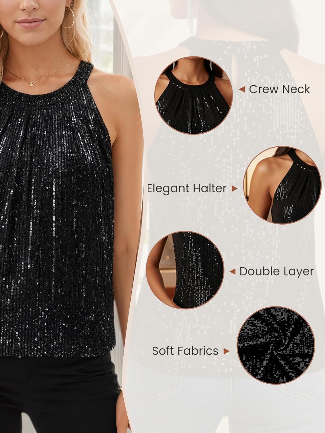 Halter Sequin Tank Tops for Women Sleeveless Sparkly Tops Flowy Glitter Ruched Party Concert Outfit Club Shirt - Image 5