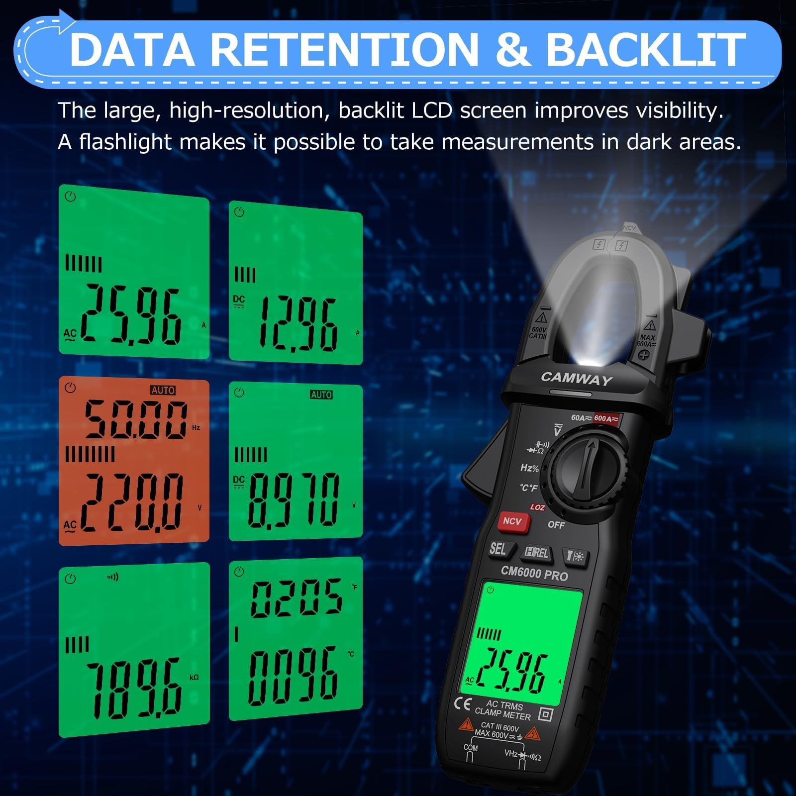 AstroAI Inrush Multimètre Numérique 1000 A TRMS 6000 Points, Testeur De Tension Dampli Avec Vfd Mode Loz Mesure Courant Acdc Tension Temperature Resistance Capacitance Frequence Continuite Ncv