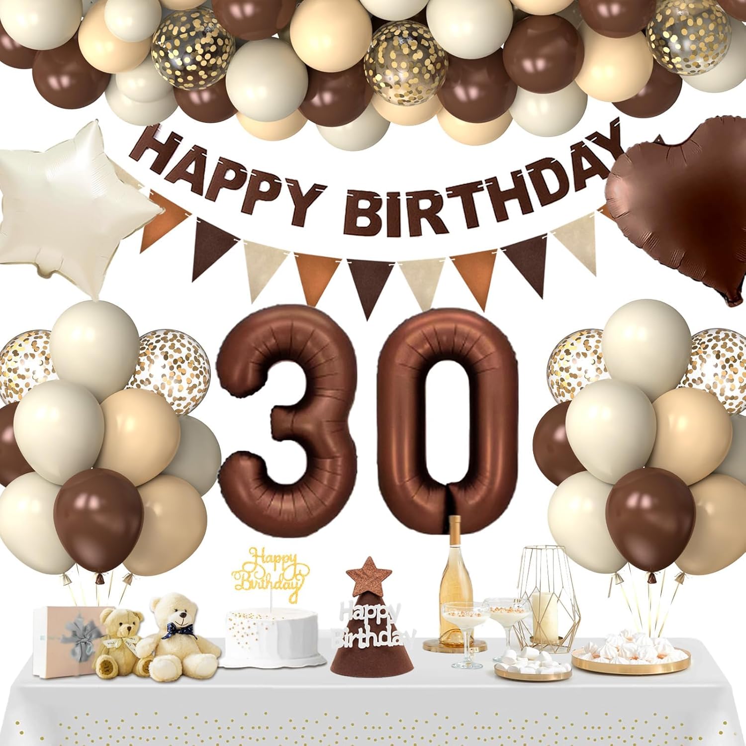Brown Beige 30th Birthday Decorations, 30th Birthday Decorations for Boys with Brown Felt Happy Birthday Banner/Hat/Pennant Flags, Number Balloons, Brown Cream Balloons, Tablecloth, Cake Topper