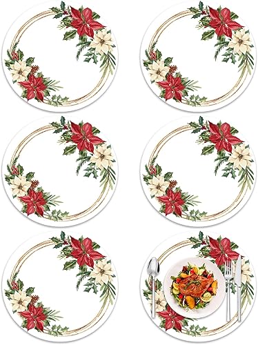 Tarklanda Juego de 6 manteles individuales de Navidad, 13.4 pulgadas, redondos, lavables, de vinilo, manteles individuales de plástico floral para