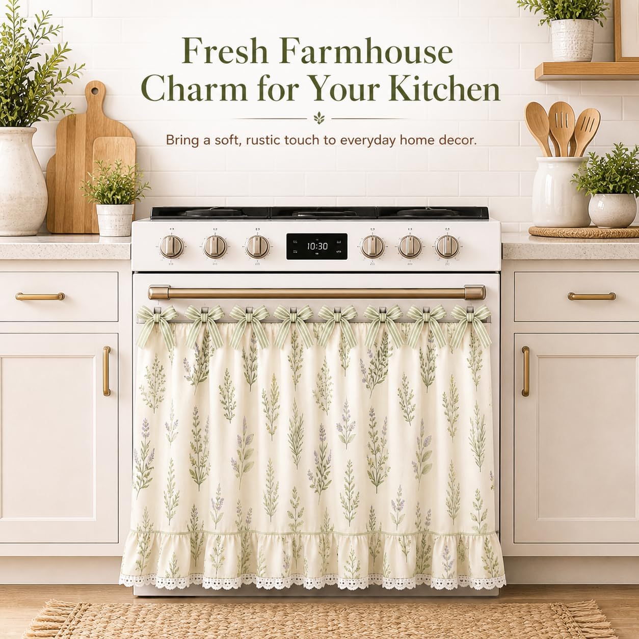 Oven Skirt Curtain for Farmhouse Kitchen Decor, Stove Cover Skirt with Lace Ruffle Trim & 8 Ribbon Ties, Rustic Decorative Oven Door Curtain for Kitchen, Dishwasher & Range (Sweet Strawberry)