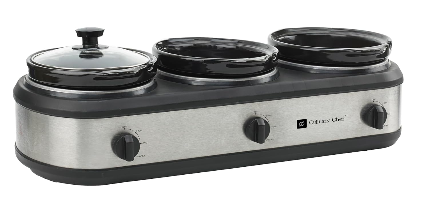 CULINARY CHEF Triple Slow Cooker Buffet Server 3 Pot Food Warmer - Stainless