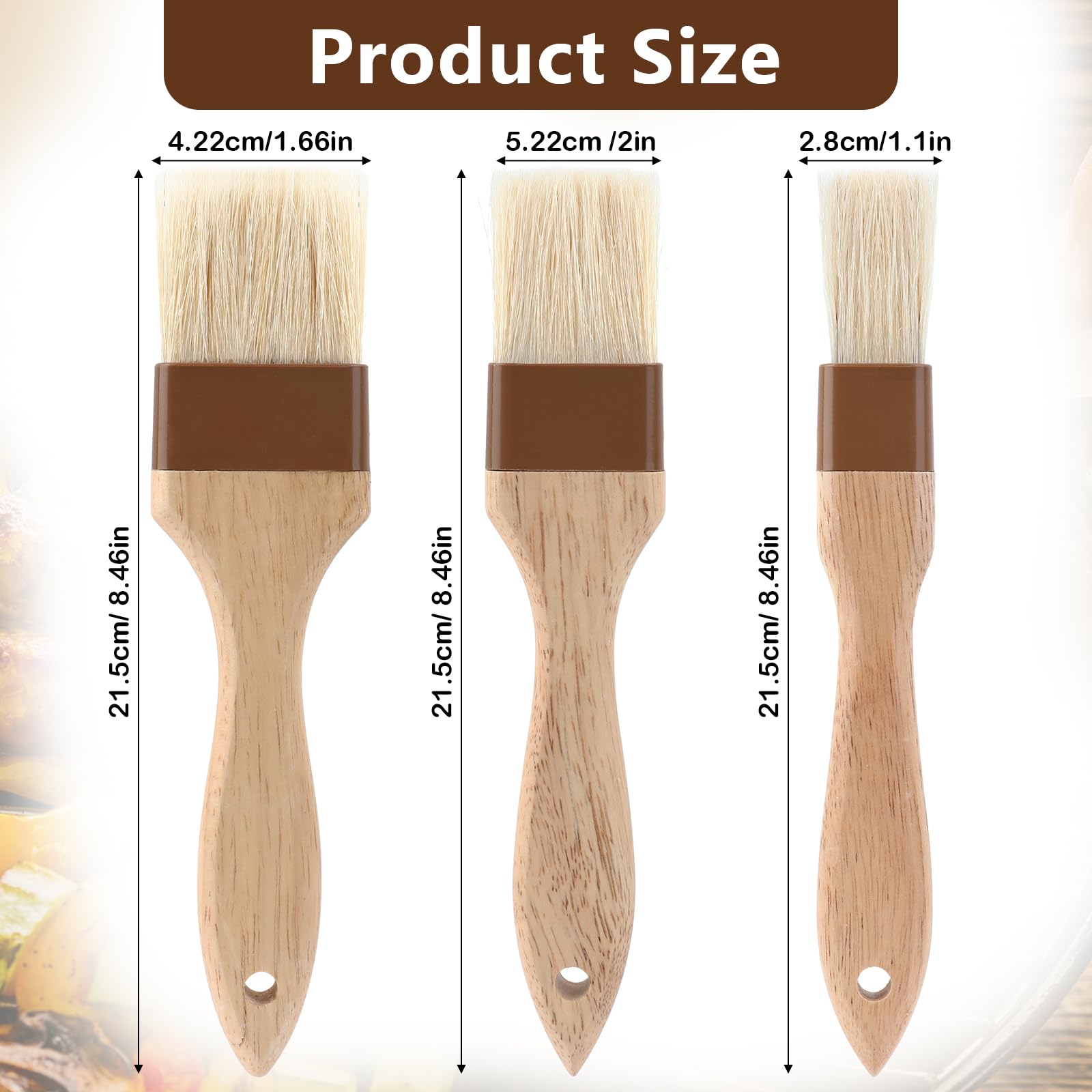3 stuks houten bbqkwasten, keukenkwast voor barbecue, natuurlijke borstelharen gebak, bakkwast met natuurlijke haren, broodborstel met lange houten handgreep, voor bakken, koken, grillen en outdoor