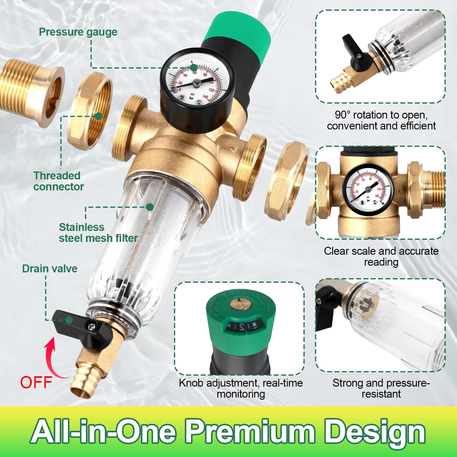 Reducteur de Pression Eau 3/4 Pouces avec Filtre De Nettoyage Intégré et Manometre Pression Filtre Compresseur Dair en Laiton Adapté aux Purificateurs d'Eau, Machines à Laver, Robinets