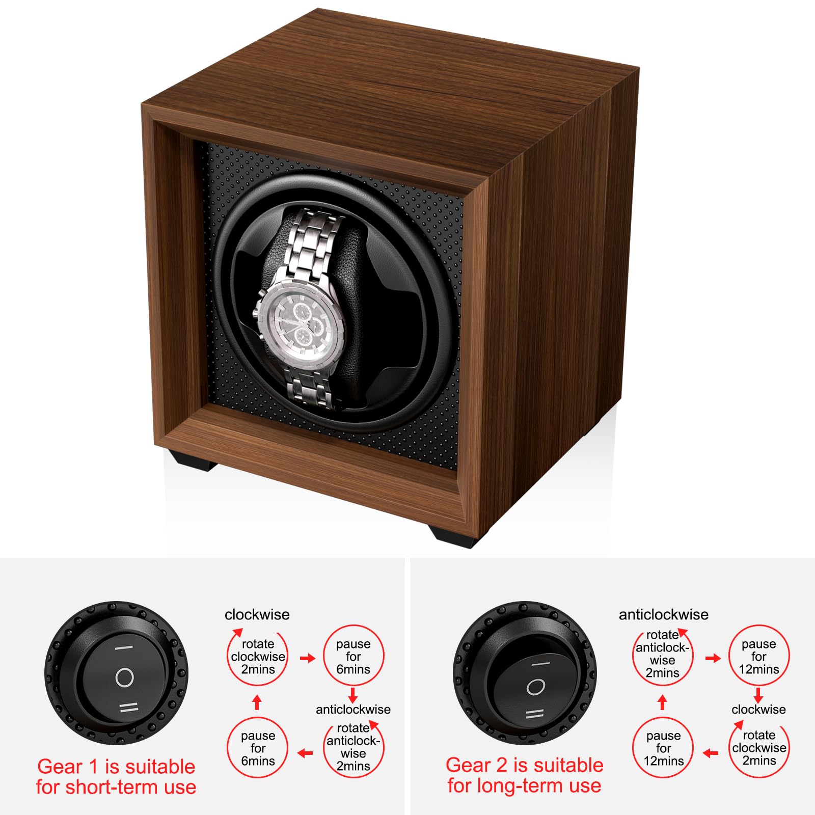Fousenuk caja relojes automaticos con motor silencioso, 2 ajuste modos, cuadrada y color nuez enrollador para reloj, con puerto de carga USB y espuma viscoelástica, para dar cuerda a relojes mecánicos