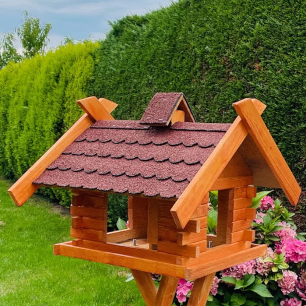Rechteckiges Vogelhaus M - XL wetterfest aus Holz Vogel Futterstelle Haus mit und ohne Ständer (Größe XL mit Ständer, Rot - Braun)