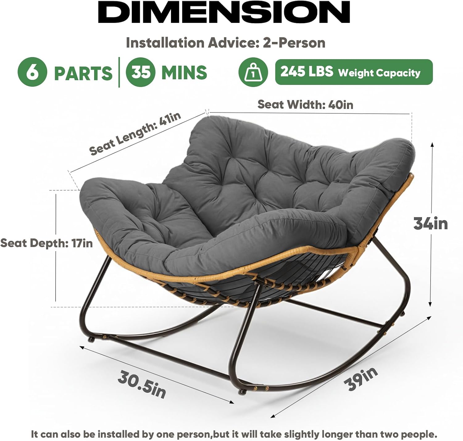 Papasan Chair with Cushion, Oversized Outdoor Rocking Chair, Patio Egg Chair Outdoor, Wicker Modern Cozy Comfy Chair for Bedroom, Living Room, Garden, Balcony, Lawn, Dark Grey