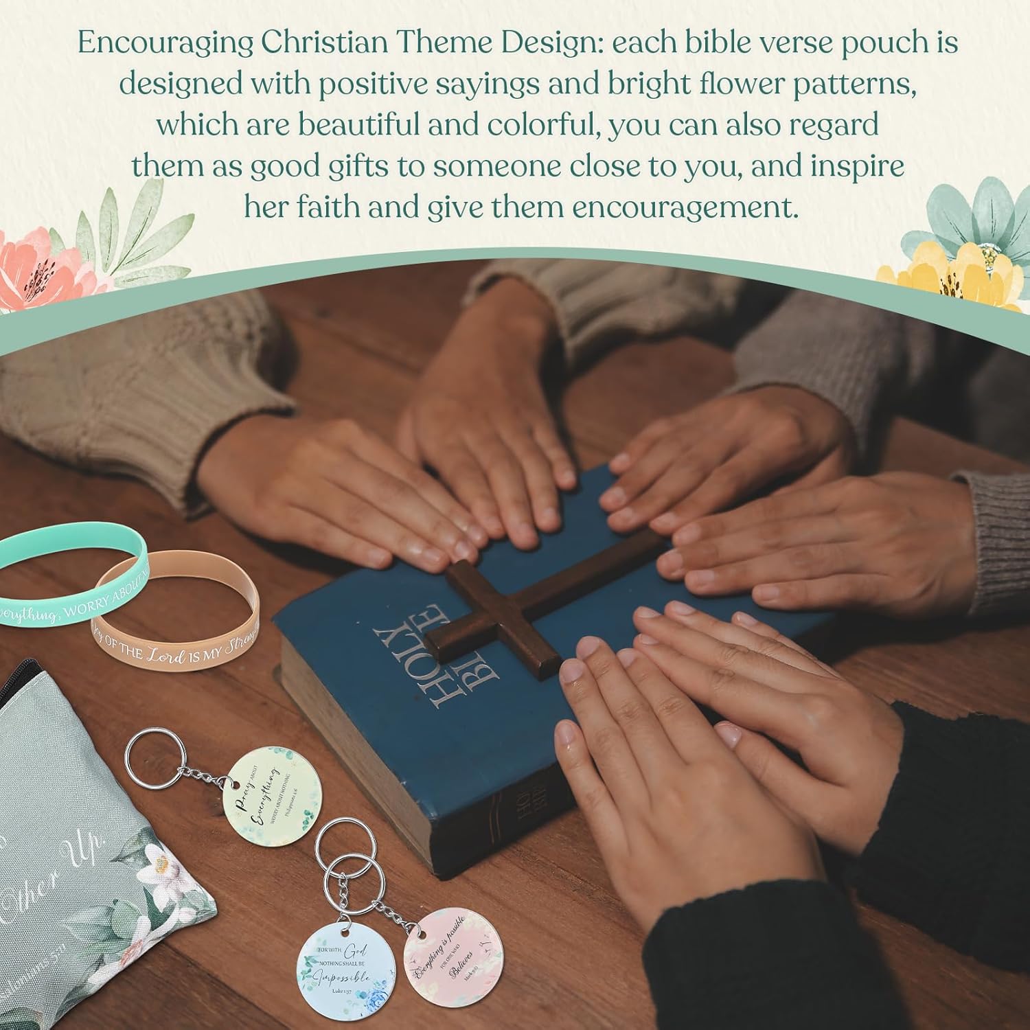 60 Pcs Church Gifts for Women Bulk Religious Makeup Bags Inspirational Scripture Keychains Bible Verse Bracelets Christian Favors Gifts for Women Mother