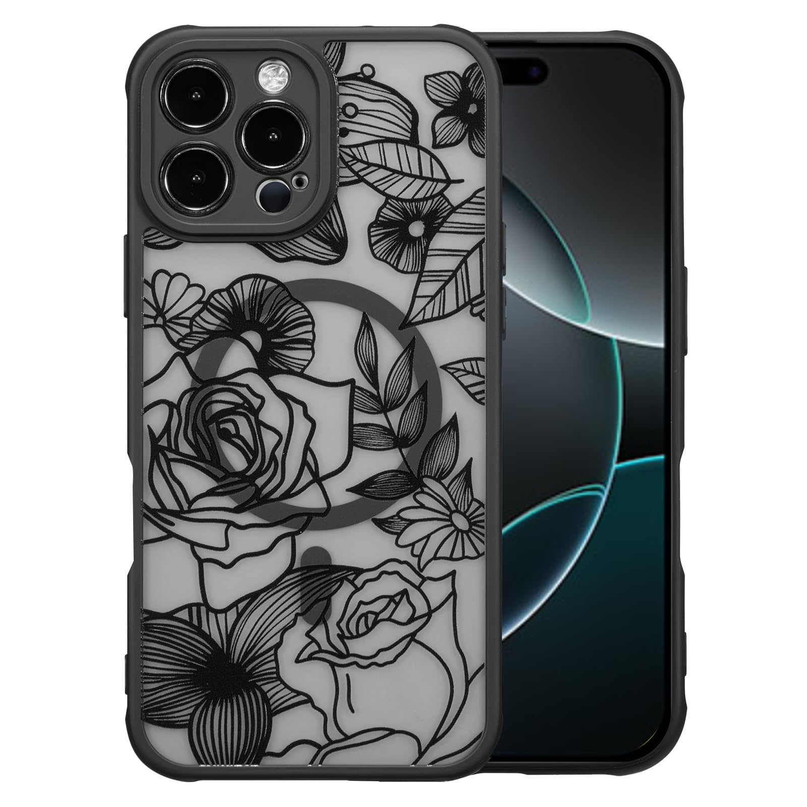 XIZYO Magnetic Case for iPhone 16 Pro Cute Floral, Black | Compatible with Magsafe, Floral Flower Rose Girly Aesthetic Pattern for Women Girls, Matte TPU Shockproof Bumper Cover