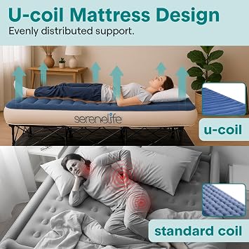 SereneLife EZ Bed Air Mattress with Frame and Rolling Case, Self-Inflating Airbed with Built in Pump for Travel and Hosting, Queen