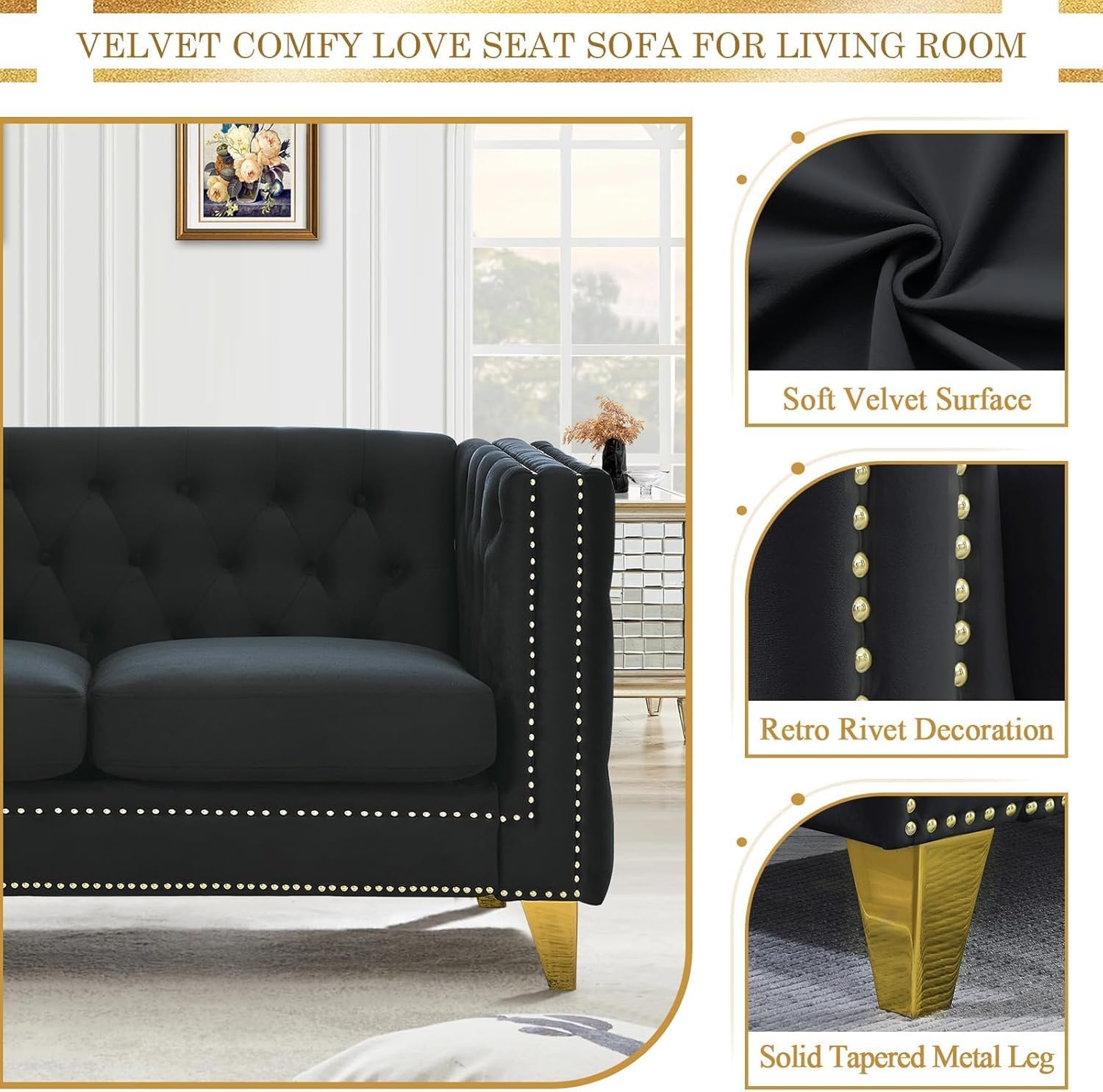 Velvet Chesterfield Sofa with Golden Metal Legs, 2 Seat Loveseat Sofa with Button Tufted & Nail Head Trim, Upholstered Deep Seat Couch for Living Room, Apartment, Office, Black