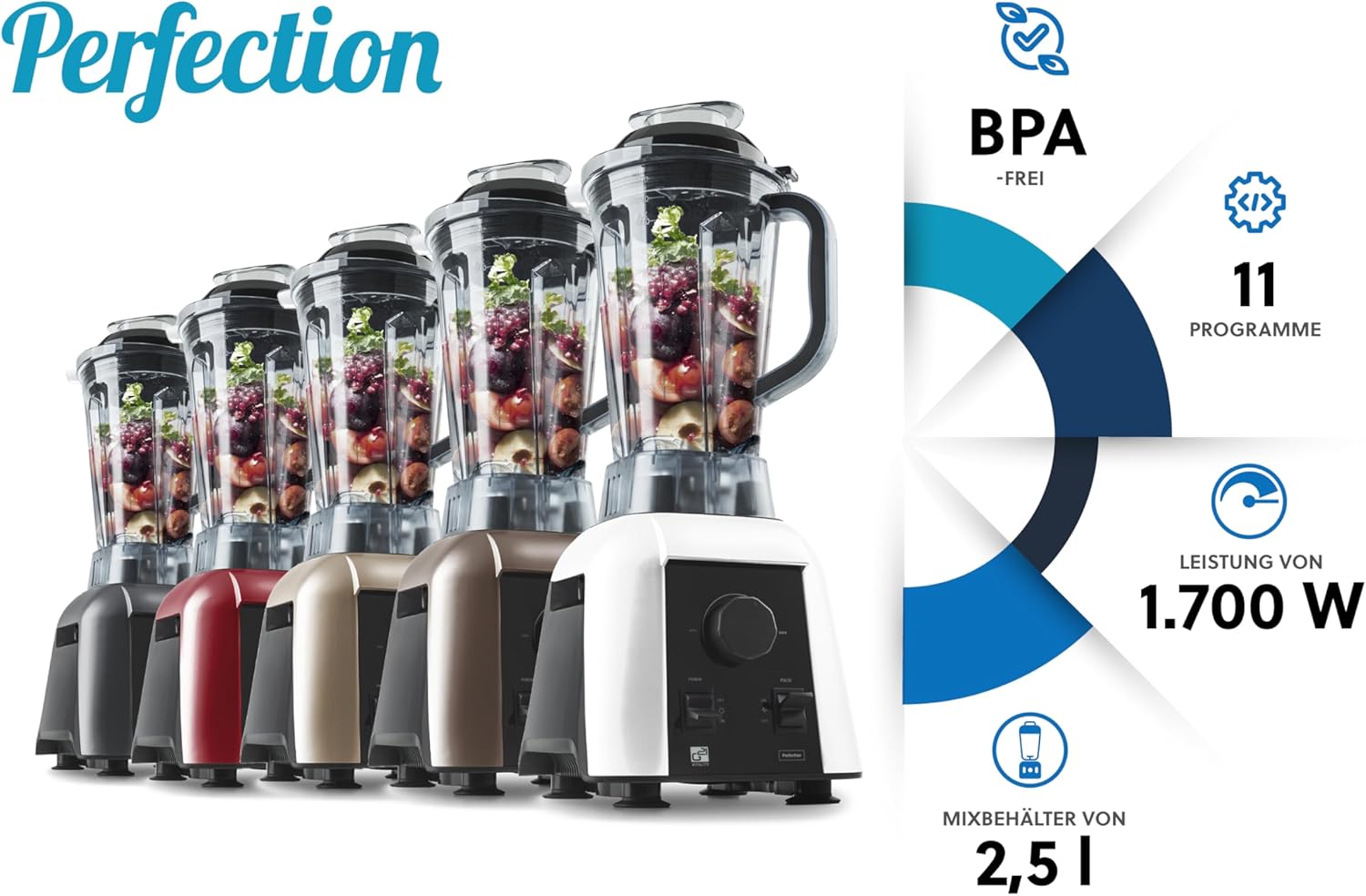 Multiple G21 Perfection Blenders in different colors with feature highlights