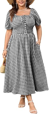 SCOMCHIC Womens Plus Size Maxi Dress Square Neck Plaid Short Sleeve Tie Front Gingham Casual Summer Dresses with Pockets