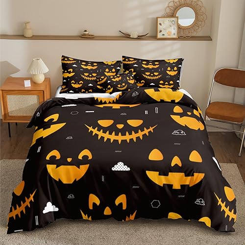 Miniatura 74 de Pumpkin Bedding Halloween Duvet Cover Set Funny Evil Pumpkin Pattern Design Black Halloween Bedding Set Queen 1 Duvet Cover 2 Pillowcases