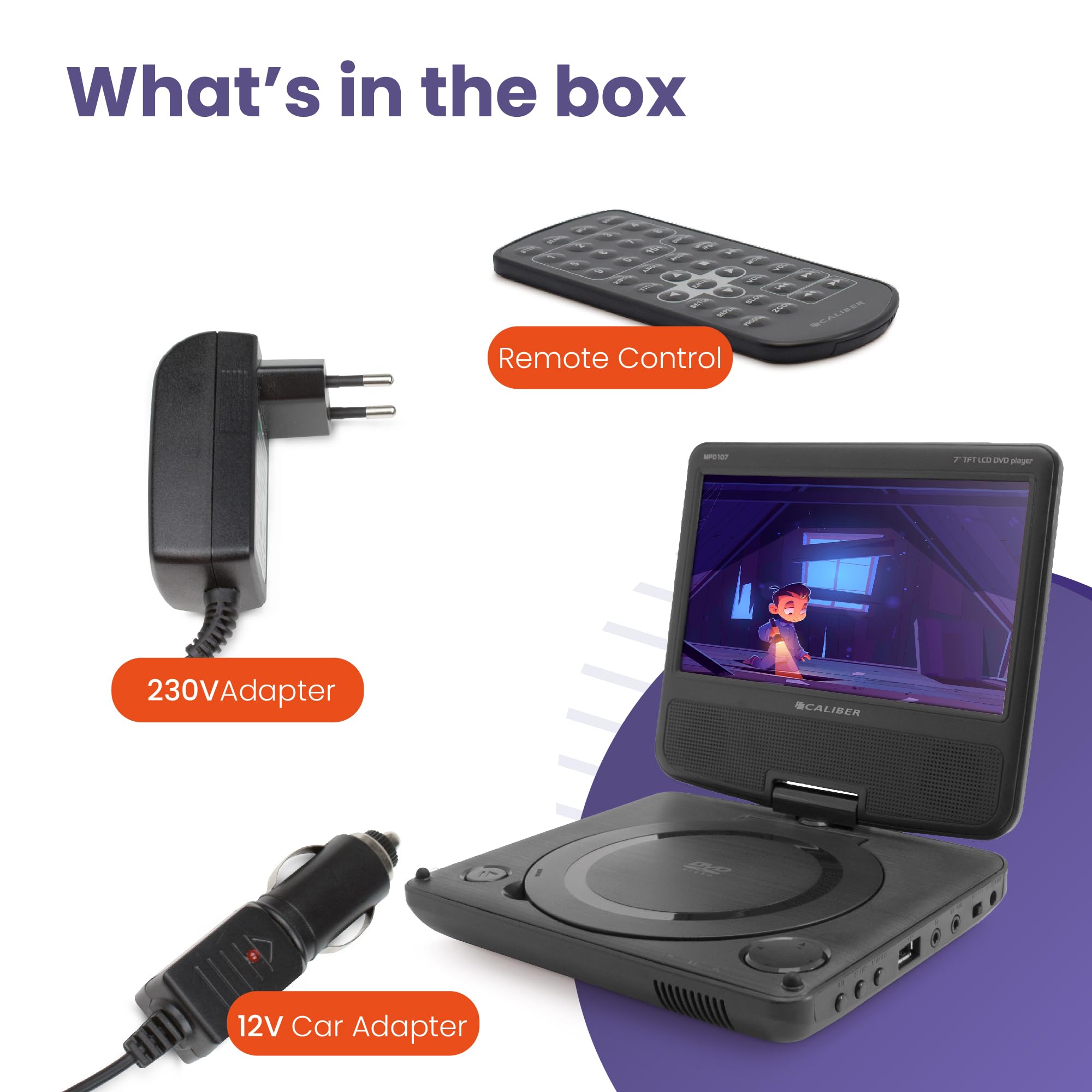 Caliber Tragbarer DVD Player Auto - Inklusive Kopfstützen Montagesystem - CD, DVD, VCD, MP3, MPEG4, DivX, JPEG, USB - LCD Anzeige 7 Zoll - Kopfhöreranschluss - Kabellos bis zu 2 Stunden - Schwarz