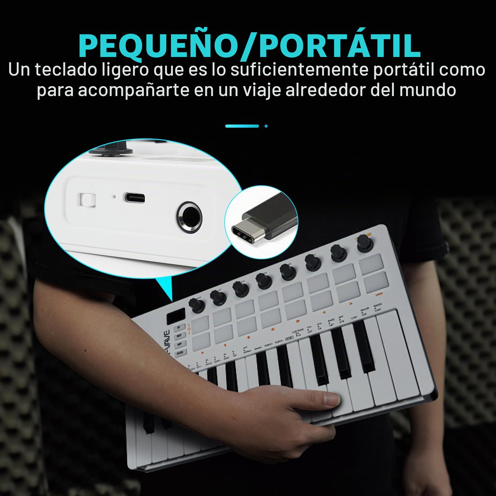 Nikou M-VAVE Upgrade USB Mini Teclado Controlador 25 Teclas, Batería Recargable, Arranger Keyboard Portátil, Almohadillas RGB, Batería Integrada (Blanco)