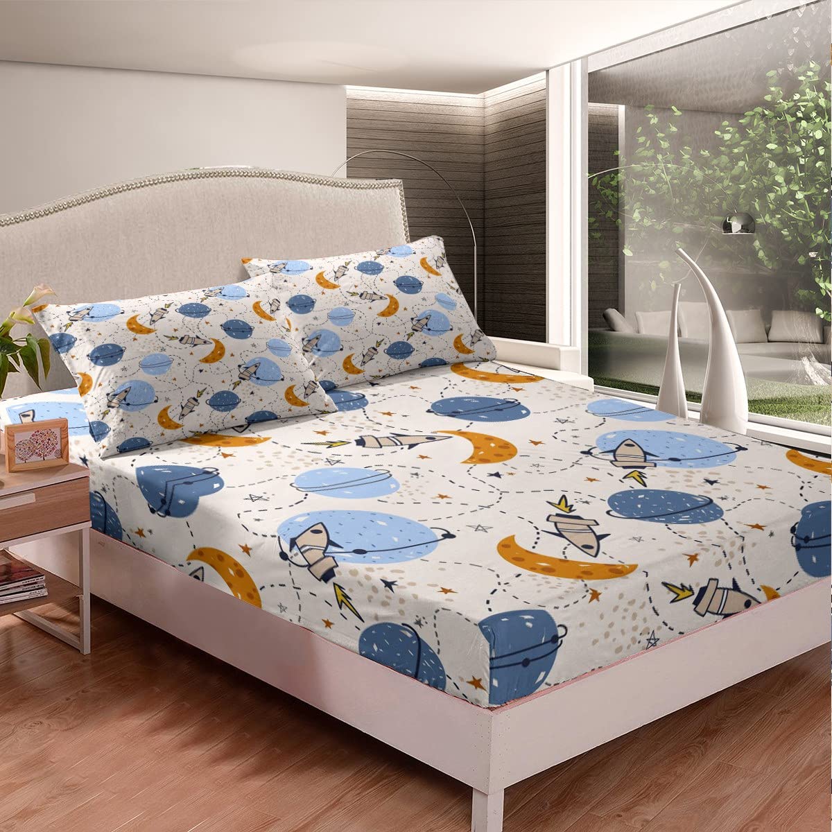 Loussiesd Juego de sábanas para niños y niñas, diseño de cohete de dibujos animados, galaxia, juego de cama para niños y niñas, bonito juego de cama de plantas de aventura en el espacio exterior