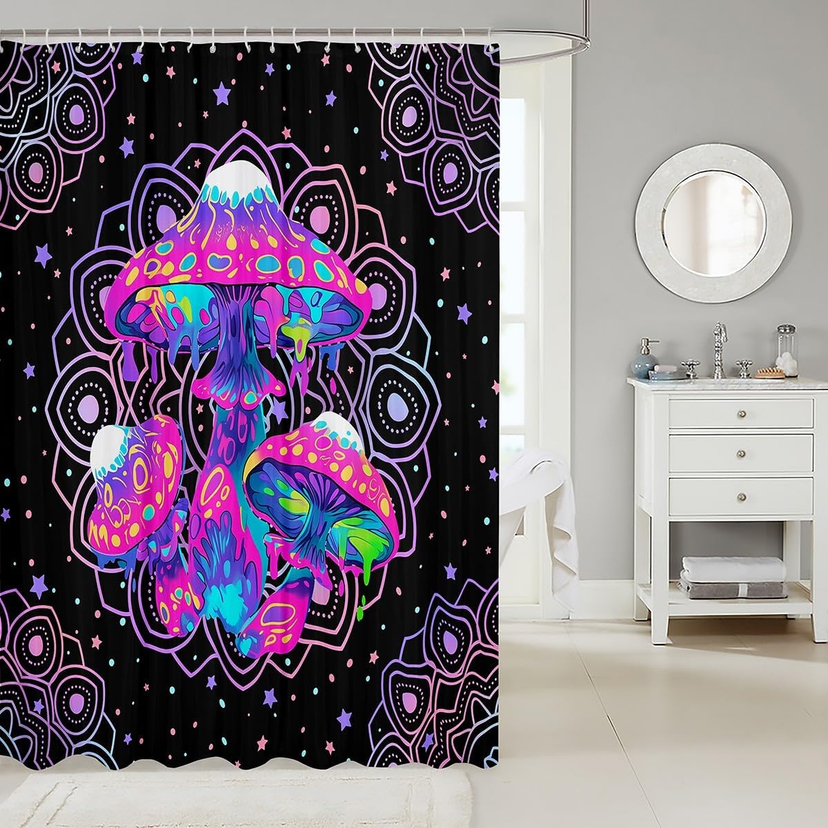 Homewish Mushroom Shower Curtain,Watercolor Stars Mushroom Bath Curtain for Kids Boys,Gothic Mandala Floral Print Waterproof Fabric Accessories with 12 Hooks Suit,72Wx72L inch image 2