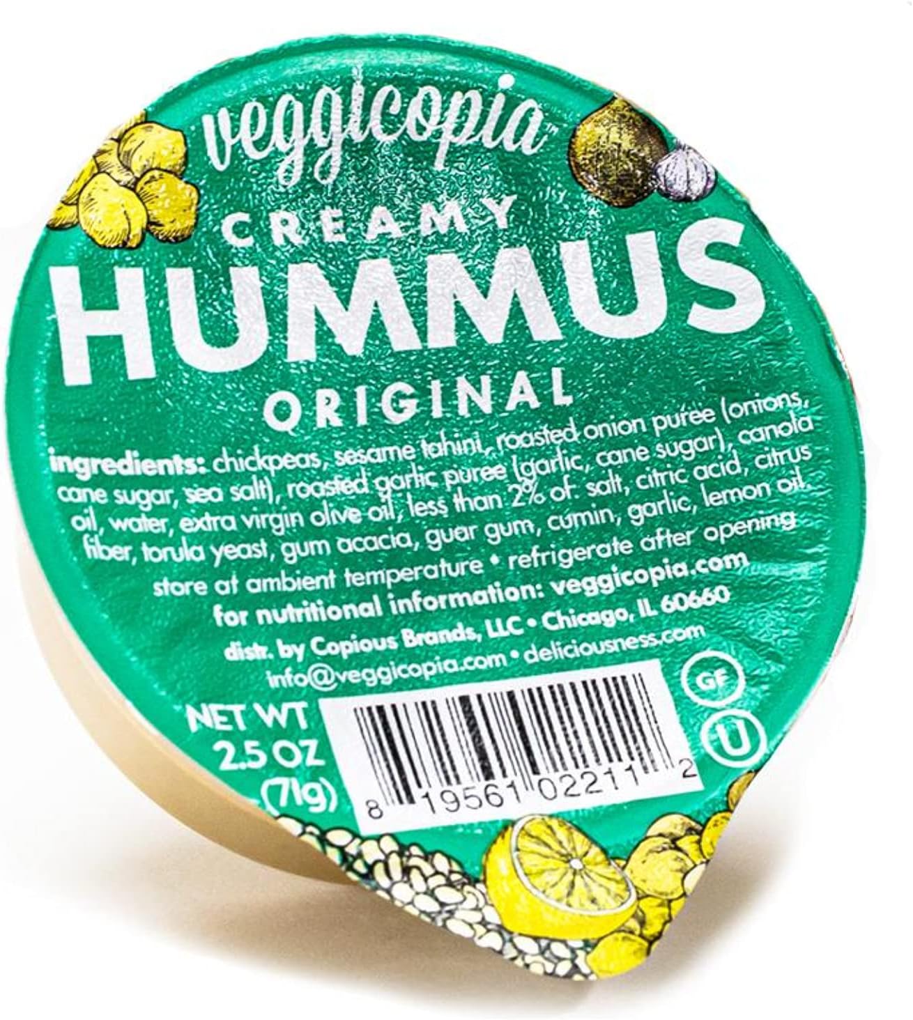 Veggicopia Creamy Original Hummus, High Protein Snack, Shelf-stable take anywhere, Michelin star chef crafted, All Natural, Gluten free, Non Dairy, Vegan, 2.5 oz dip cup singles (Pack of 12)