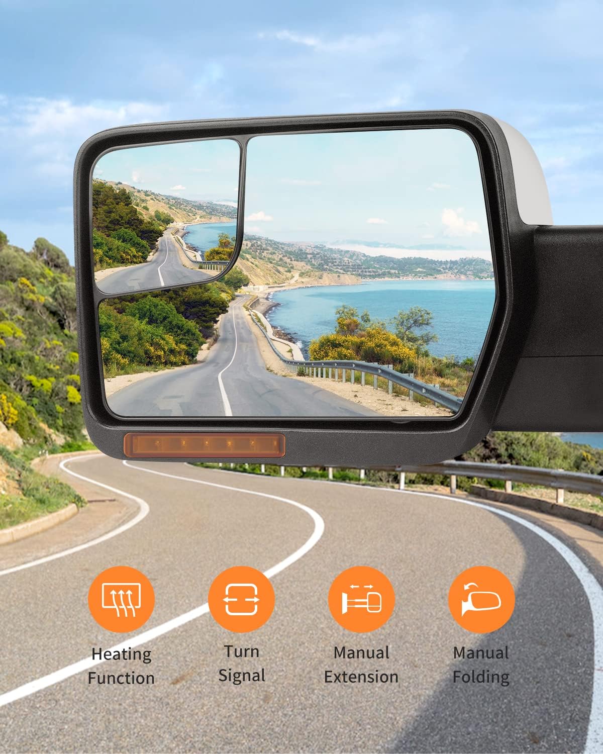 Tow Mirrors Power Heated for 2004-2014 for Ford for F150 Pickup Truck Chrome Housing Towing Mirrors with Reflective Strips Led Turn Light Puddle Light Side Mirror 2 PCS