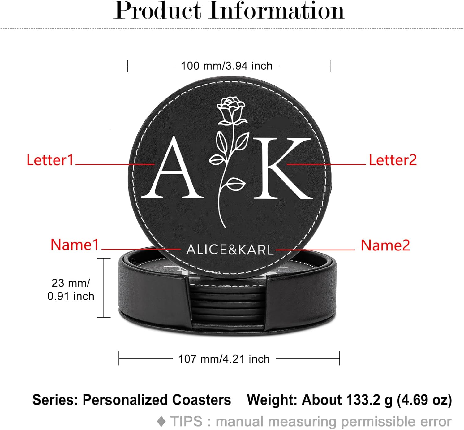 Personalized Leather Coasters Set (6 Pack) with Holder Anniversary Wedding Drink Coasters Luxurious Home Décor Dining Table Tabletop Protection