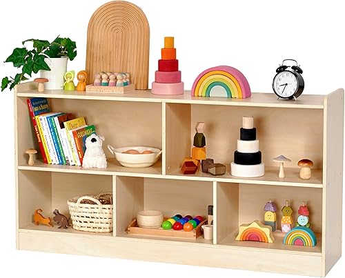 Estante de madera para juguetes para niños, organizador de libros y juguetes Montessori con estantería abierta, diseño personalizable de 5 secciones