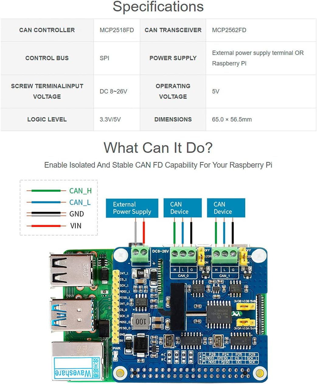 2-Channel Isolated CAN FD Expansion HAT for All Raspberry Pi, Support CAN2.0 and CAN FD Protocols,with MCP2518FD CAN Controller + MCP2562FD CAN Transceiver Onboard Multi Protection Circuits