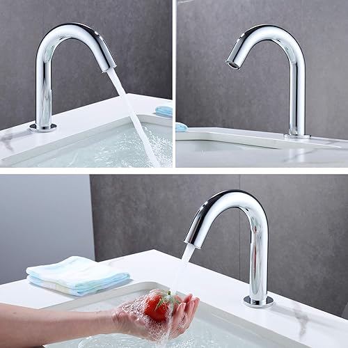 Vista 22 de Grifo de lavabo de baño con sensor automático con placa de cubierta de agujero, sin contacto, latón, grifo de agua de baño con mezclador