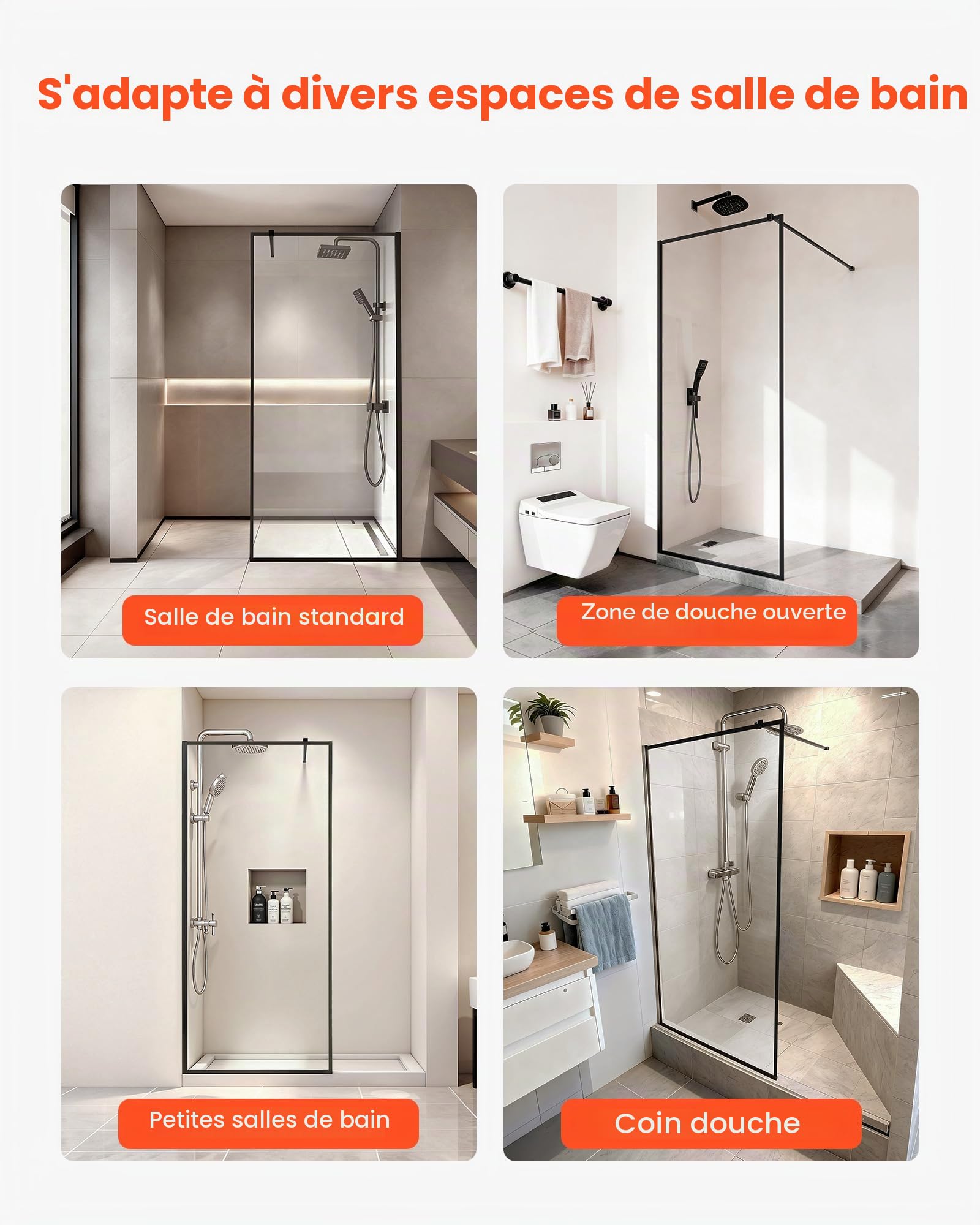 VEVOR Paroi de Douche Fixe 86,4 x 187 cm, Pare Douche Encadré, Écran pour Salle de Bain Maison, en Verre Trempé Transparent de 8 mm d'Épaisseur, avec Joint d'Étanchéité Inférieur et Quincaillerie