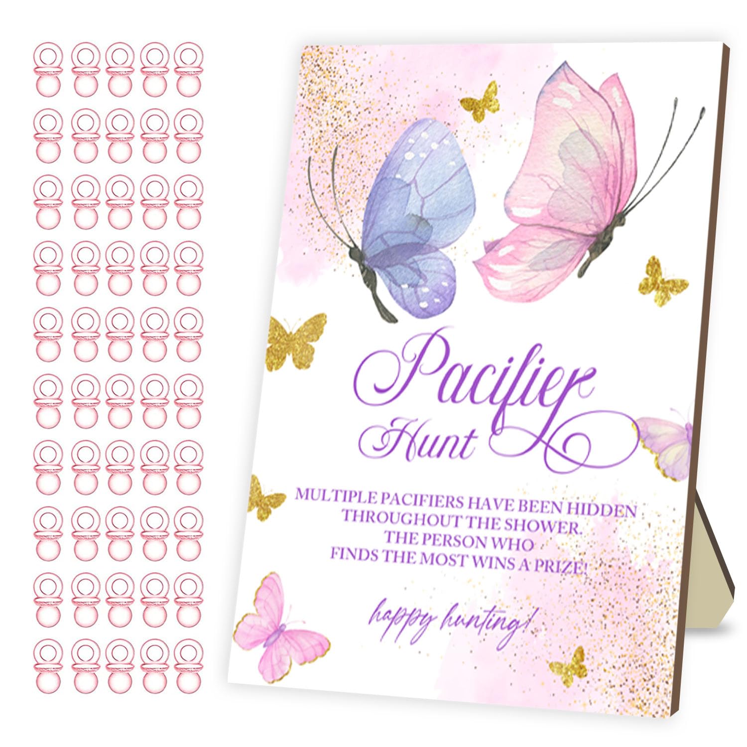 Baby Shower Games Pacifier Hunt Game Games for Baby Shower or Gender Reveal Baby Pacifier Hunt Sign Wooden 50 Pink Acrylic Pacifiers for Party Games Fantasy Butterfly Design