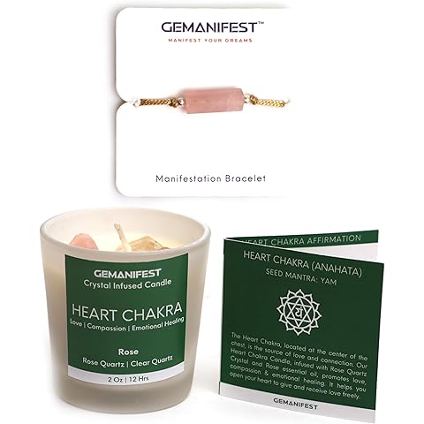 Heart Chakra Candle with Healing Crystals and Rose Quartz Bracelet Rose Scented Cry...