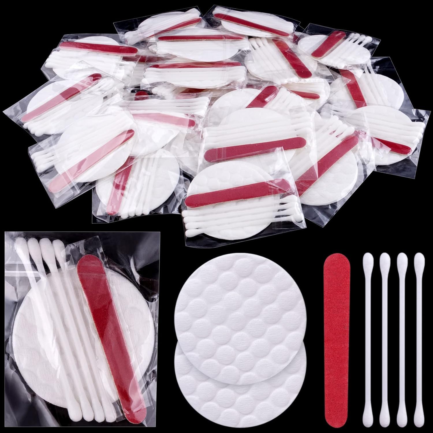 100 Set Disposable Hotels Cosmetic Vanity, Amenities Hospitality Makeup Kits，Portable Travel Amenities Kit Bulk, Include: Cosmetic Cotton Pads, Cotton Swabs, Nail File for Motels Makeup Toiletries