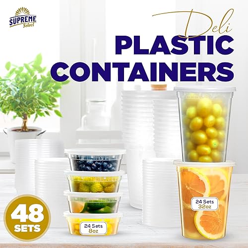 Miniatura 2 de Supreme Deli Contenedores de almacenamiento de plástico con tapas, 8 onzas y 32 onzas 24 juegos de cada uno  48 paquetes combinados Recipientes