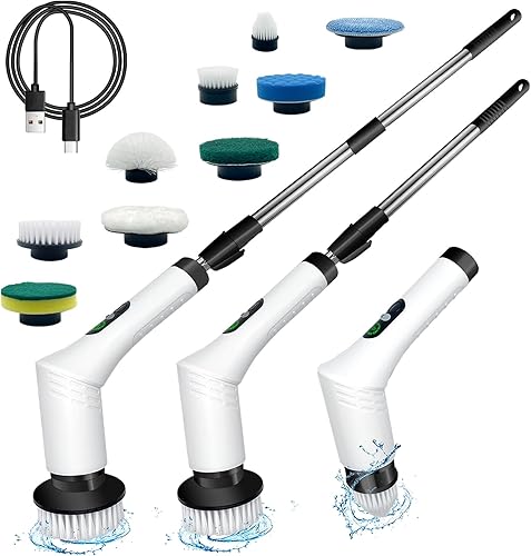 Cepillo de limpieza multifuncional 9 en 1 con mango desmontable, 9 cabezales de cepillo reemplazables y pantalla LCD, limpiador giratorio eléctrico