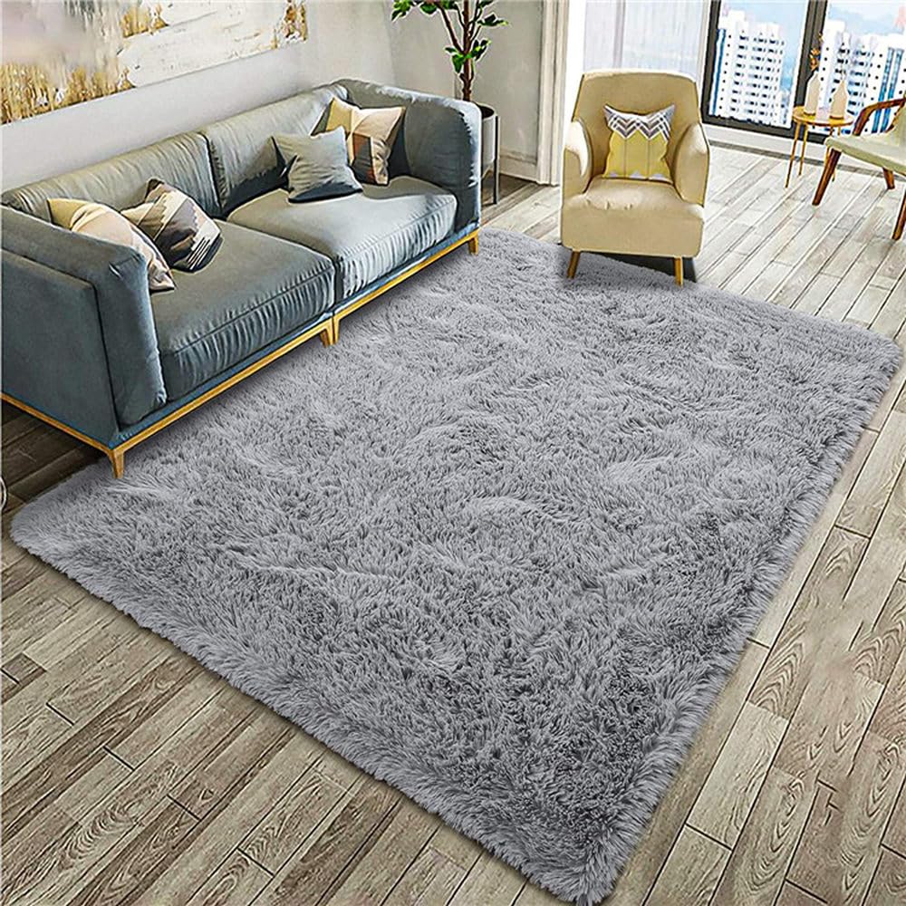 Tapis de chambre argent 200x250 cm grand format pelucheux et moderne pour le salon